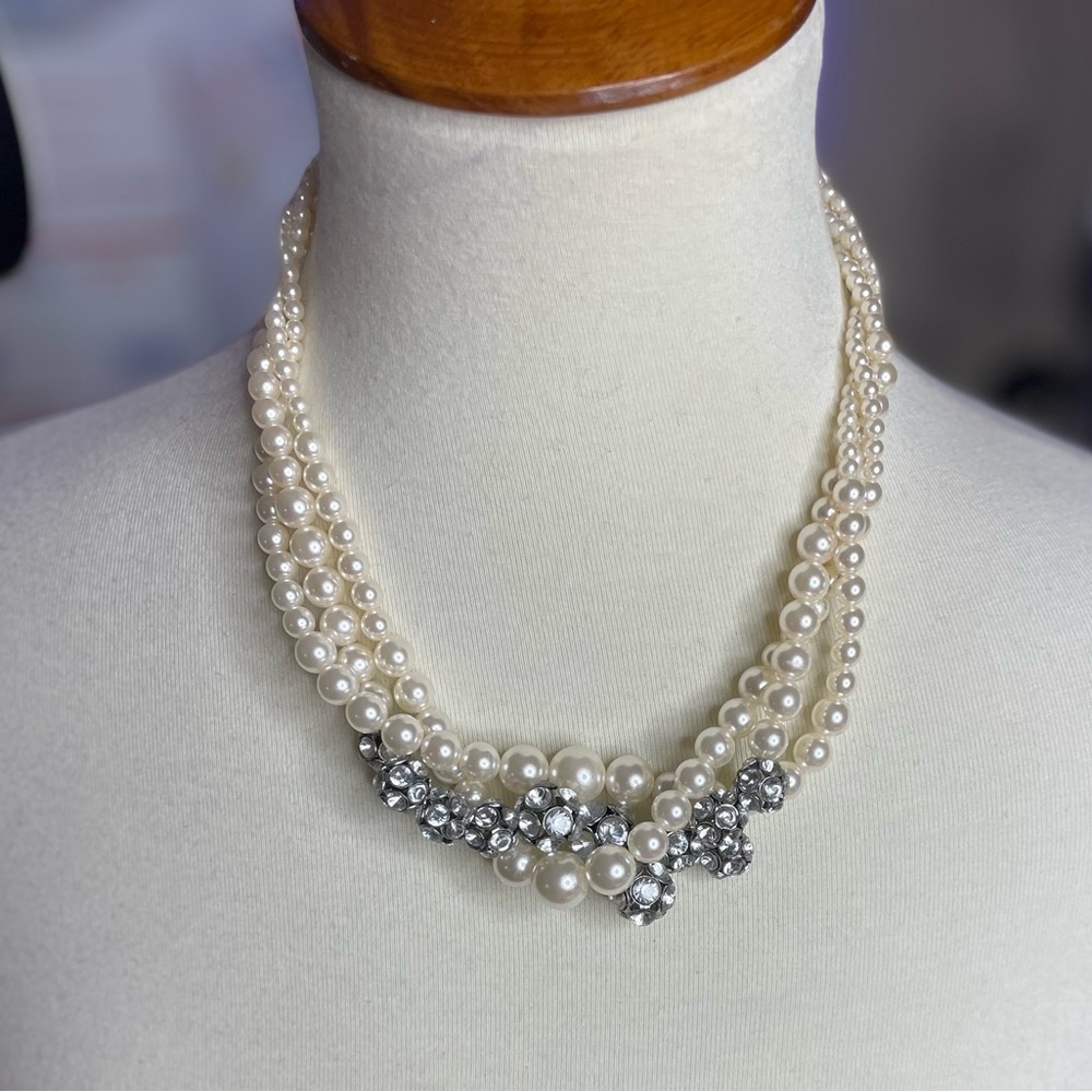 Elegant multi strand faux Pearl and Silver Crystal Necklace. Gorgeous